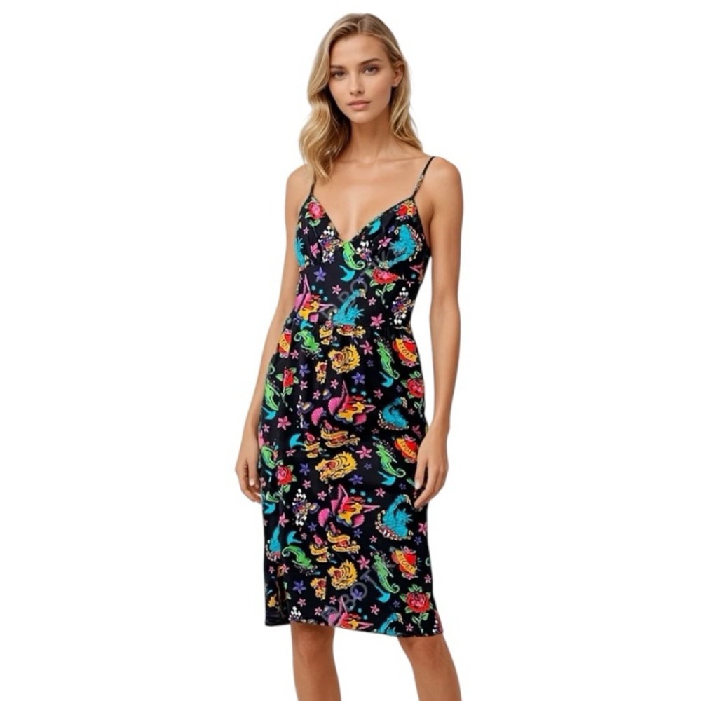 Betsey Johnson x Mark Mahoney Vintage Sailor Tattoo Print Silk Dress Y2K Size 10